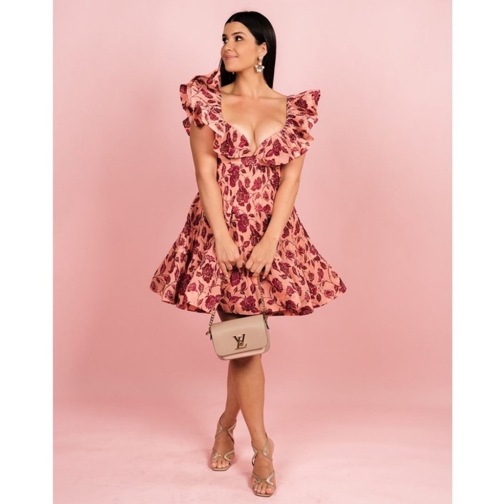 Zimmermann Lovestruck Pleated Ruffle Floral Plisse Mini Dress Pink - Picture 10 of 11